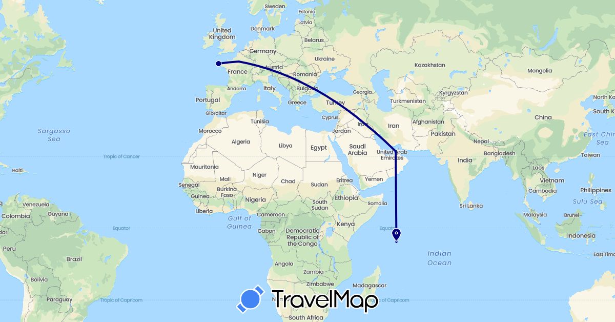 TravelMap itinerary: driving in United Arab Emirates, France, Seychelles (Africa, Asia, Europe)
